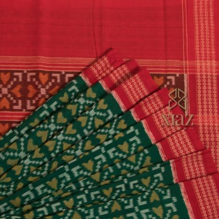 Siazloom SAMBALPURI HANDLOOM COTTON Yellow and white patterned green saree with Red Pallu and Border. Including Blouse
