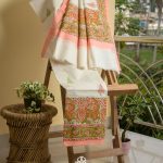 SIAZ LOOM – Pure Handloom Kerala Mundu Veshti (Set Mundu Neeriyathu) with Authentic Kolkata Block Prints – Peach Border , orange and earthy green block printed patterns
