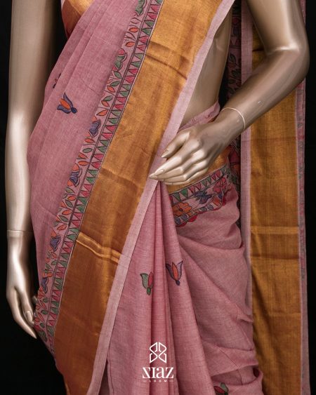 SIAZ LOOM - Handloom Mauve Pink Cotton Saree with Madhubani Art Hand Paintings -   Golden Border (Kara)