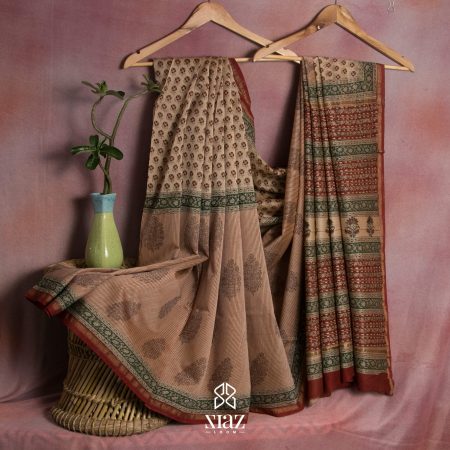 SIAZ LOOM - Bagru printed Chanderi Silk saree in beige color with green and brown bagru patterns and maroon printed pallu