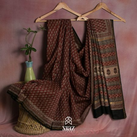 SIAZ LOOM - Bagru printed Chanderi Silk saree in earthy brown color with black bagru prints and black printed pallu