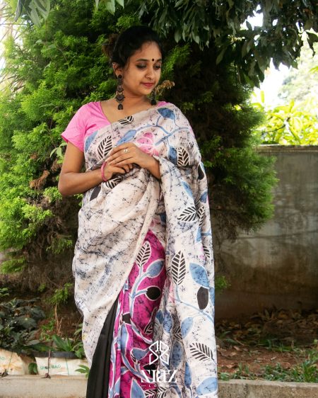 BPBS2101002 – Siazloom White/Black Light weight Bishnupuri Silk Saree with Pink Borders and  floral Batik/Wax Painting