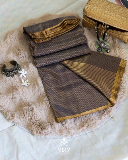 Siazloom-Pure Chanderi Handloom Silk- Deep Brown with golden zari border