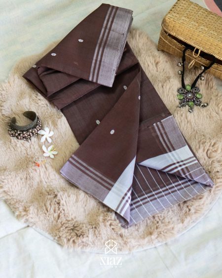 Siazloom-Pure Chanderi Handloom Silk- Brown colour with white buttas