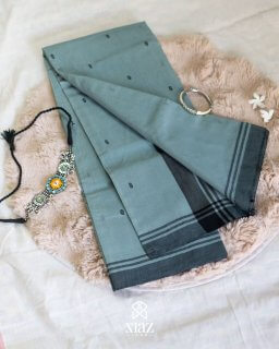 Siazloom-Pure Chanderi Handloom Silk-  Greyish Blue with black buttas