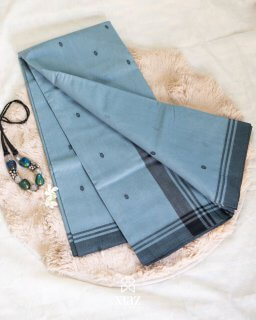 Siazloom-Pure Chanderi Handloom Silk-  Dusty Blue with black buttas