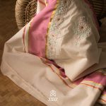 Siazloom Kerala Saree with Lucknowie Chikankari Handwork in Pink Border (Kara) and Golden Line Pallu  with beads and mirror work.