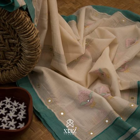 Siazloom Kerala Mundu Veshti (Set Mundum Neeriyathum) with Lucknowie Chikankari Handwork in Pale Green Border (Kara) and Pallu