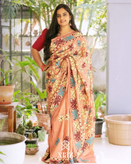 Siazloom Handwoven Bhagalpuri Tussar Silk Saree with Kantha Handwork – Peach