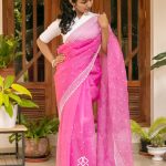 Siazloom Handwoven Organza Saree with beautiful white Pearl Handwork and White Cut work Border - Pink