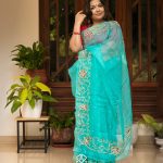 Siazloom Handwoven Organza Saree with beautiful Hand Embroidary and Glass Work - Aqua Blue