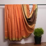 SIAZ LOOM - Orange BHAGALPURI   HANDLOOM  LINEN SAREE with Brown Striped Pallu and Pale Golden Zari Border. Brown Blouse Piece