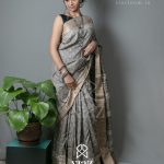 SIAZLOOM Jazzy Grey  Bhagalpuri Tussar Silk Saree with Golden Nutan Jaipur Bagru printed patterned body and Golden Zari Border and similar pallu.