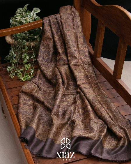 SIAZ LOOM – Tussar Silk Saree Ajrakh Natural Dye Handblock Print – Coffee Brown with Ochre Print