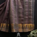 SIAZ LOOM – Mulberry Silk Saree Ajrakh Natural Dye Handblock Print – Coffee Brown with Earthy Brown Print and Gold Temple Border