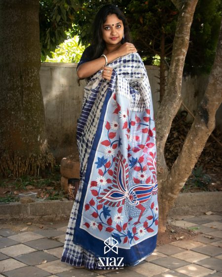 BPSK2101004 - Siazloom Bishnupuri Silk Saree with Shibori work and Kalamkari Painting- Indigo (Handloom)