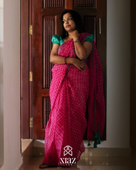 Siazloom - Pink Lehariya Kota Cotton Saree with Green Pom Pom Border and Tassels (LKCS2201008)