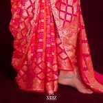 Pure Chiffon Handwoven Bhandhej Banarasi Saree Bright Pinkish Red