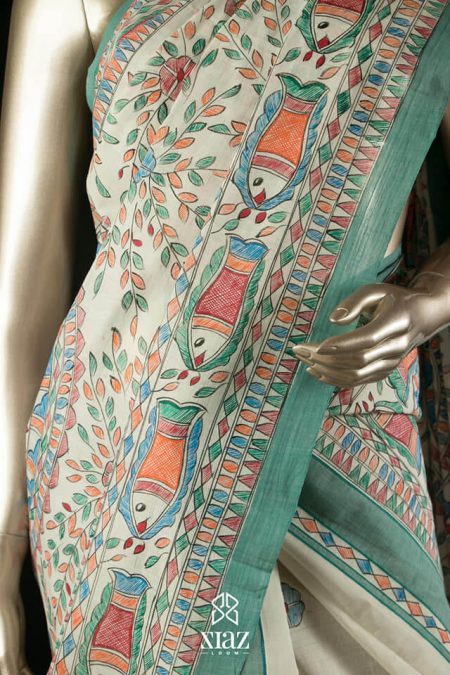 SIAZ LOOM - Handloom Kerala Mundu Veshti (Set Mundu Neeriyathu) with Madhubani Art Hand Paintings - Pale Green Border (Kara) and Pallu