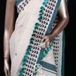 Siazloom Handloom Kerala Set Mundu Vesti (Set Mundu Neeriyathu) Embroidered with silk thread bushes  – Green Border (Kara) and Pallu