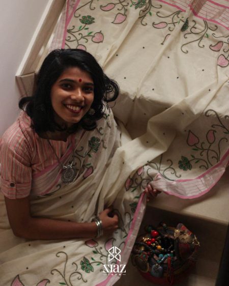 SIAZLOOM-Handloom Kerala Saree with Aari work embellished with beads work towards borders. Pink and Silver striped border (Kara) and Pallu.