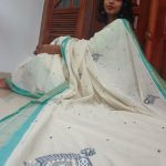 SIAZLOOM- Handloom Kerala Saree with Beautiful white and grey beaded work . Turquoise and Golden Stripped Border (Kara) and Pallu.