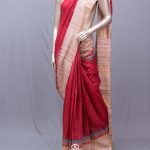 SIAZLOOM Red Bhagalpuri Tussar Silk Saree with Blue and Red Stripes towards Border and Red Temple Design. Beige Border and Similar Pallu