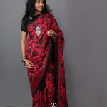 SIAZLOOM Red PURE SILK SAREE with Reverse Kantha Stitch