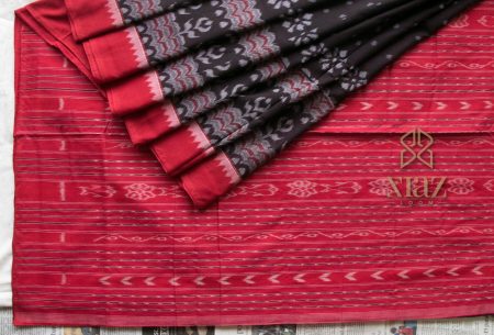 Siazloom SAMBALPURI HANDLOOM COTTON Black Saree with White & Red Pattern on body, Similar Pallu and Border