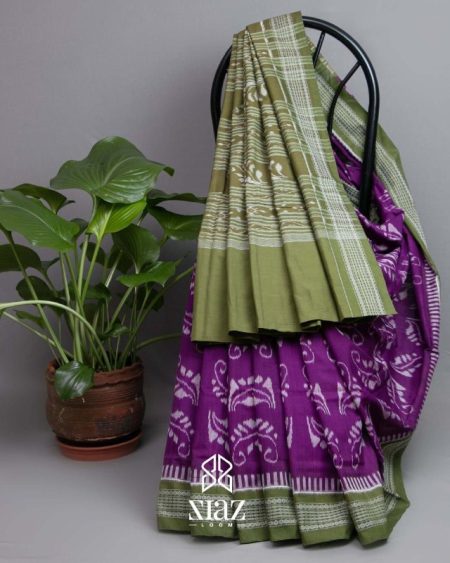 Siazloom SAMBALPURI HANDLOOM COTTON Ultra-Violet Saree with Kripton-Green Pallu and Similar Border